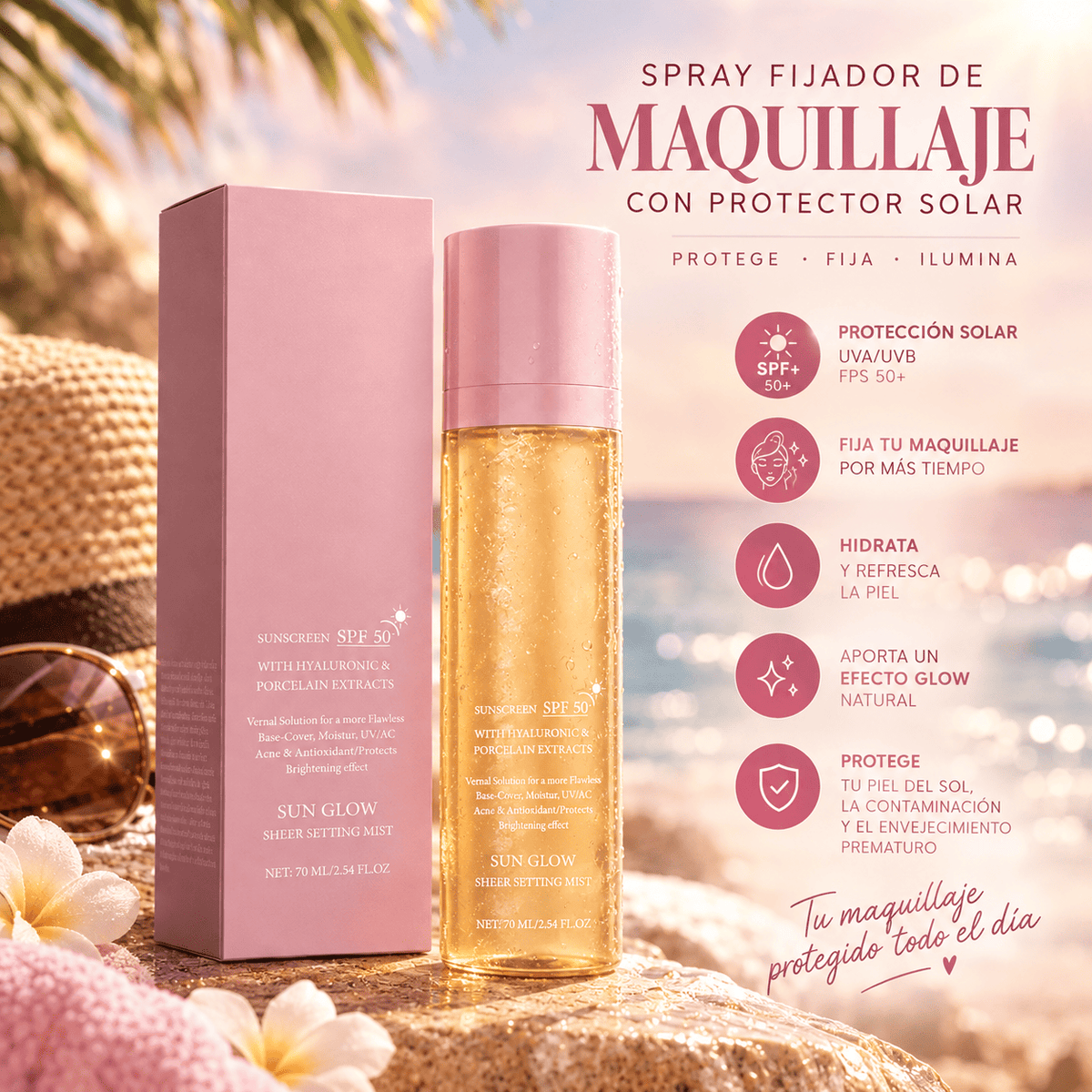 Sun Glow ® Spray Fijador de Maquillaje con Protector Solar - 75ML