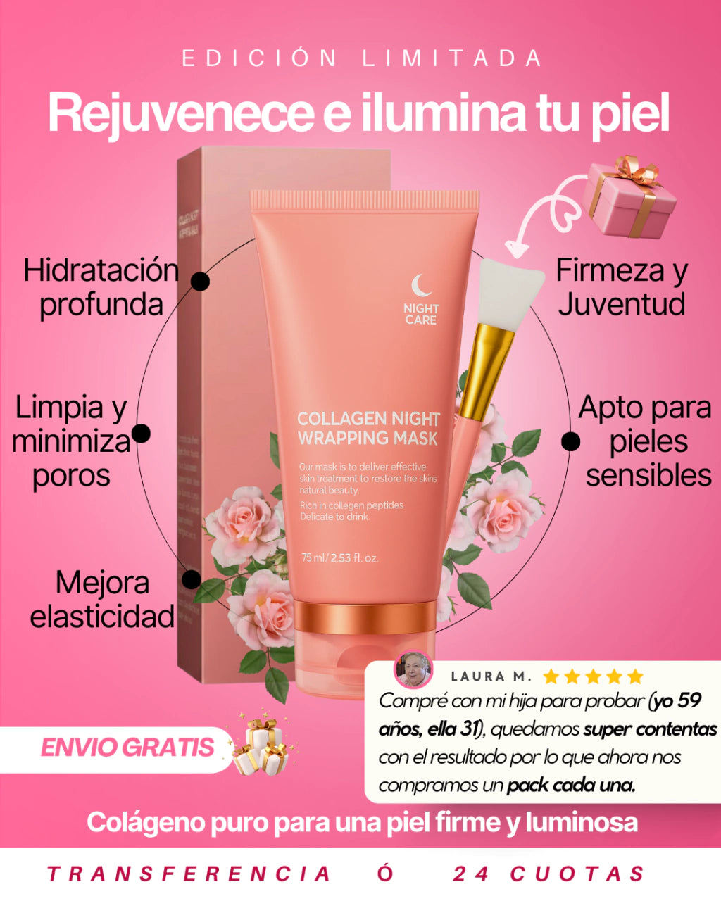 Mascara Nocturna Hidratante con Colageno puro y Acido Hialuronico